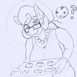 Size: 1000x1000 | Tagged: anthro, artist:banbanji, baking sheet, breasts, busty posey shy, cleavage, clothes, cookie, derpibooru import, dress, ear piercing, earring, explicit source, female, food, glasses, jewelry, looking at you, milf, monochrome, necklace, oven mitts, pearl necklace, piercing, posey shy, question mark, safe, smiling, solo