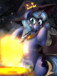 Size: 3000x4000 | Tagged: safe, artist:blackligerth, derpibooru import, princess luna, pony, cauldron, female, glasses, hat, magic, s1 luna, solo, wand, witch, witch hat