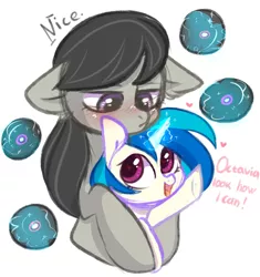 Size: 2688x2856 | Tagged: safe, artist:pesty_skillengton, derpibooru import, octavia melody, vinyl scratch, earth pony, pony, unicorn, baby, baby pony, blushing, cute, female, filly, floppy ears, frown, grammar error, heart, heart eyes, holding a pony, hug, levitation, lidded eyes, magic, octavia is not amused, open mouth, pointing, simple background, smiling, telekinesis, unamused, underhoof, white background, wingding eyes