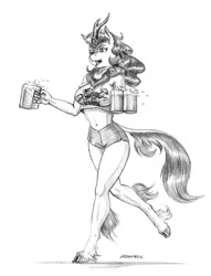 Size: 1000x1309 | Tagged: alcohol, anthro, artist:baron engel, autumn blaze, beer, belly button, breasts, busty autumn blaze, clothes, derpibooru import, female, grayscale, kirin, kirin beer, kirin ichiban, midriff, monochrome, mug, pencil drawing, safe, shirt, shorts, simple background, solo, sounds of silence, traditional art, t-shirt, unguligrade anthro, white background