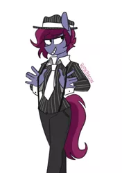 Size: 440x624 | Tagged: anthro, anthro oc, artist:redxbacon, clothes, derpibooru import, female, grin, hat, mare, necktie, oc, oc:blazing heart, pinstripes, safe, shirt, smiling, solo, suit, suspenders, unofficial characters only