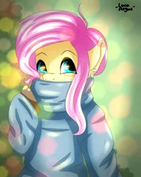 Size: 1280x1600 | Tagged: safe, artist:lucaaegus, derpibooru import, fluttershy, pegasus, pony, blue, blue sweater, bust, christmas, clothes, cute, ear fluff, female, holiday, looking at you, mare, pink, portrait, shyabetes, solo, sweater, sweatershy, three quarter view, turtleneck