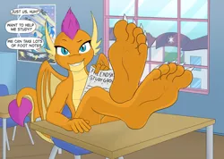 Size: 2000x1421 | Tagged: 5 toes, anthro, artist:nudeknightart, barefoot, classroom, derpibooru import, desk, dialogue, dragon, dragoness, feet, feet on table, feet up, female, fetish, foot fetish, foot focus, looking at you, plantigrade anthro, pun, school of friendship, smiling, smirk, smolder, soles, solo, solo female, suggestive, text, toes, visual pun, wonderbolts