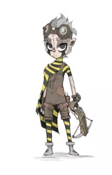 Size: 1231x1920 | Tagged: artist:artguydis, clothes, crossbow, derpibooru import, goggles, hagwarders, human, humanized, living doll, oc, oc:brittlebee, original species, overalls, safe, solo, unofficial characters only