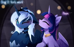 Size: 1280x816 | Tagged: safe, artist:magnaluna, derpibooru import, princess luna, twilight sparkle, twilight sparkle (alicorn), alicorn, pony, zefiros codex, biting, blushing, cute, cute little fangs, duo, ear bite, ear fluff, fangs, female, lesbian, mare, nom, one eye closed, shipping, twiabetes, twiluna