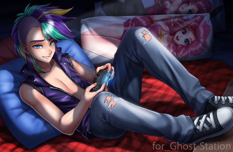 Size: 1382x900 | Tagged: artist:racoonsan, body pillow, clothes, controller, converse, cosplay, costume, derpibooru import, human, humanized, humanized oc, male, not elusive, not rarity, not rule 63, oc, pants, pinkie pie, playstation 4, punk, safe, shoes, smiling, sneakers, solo, vest