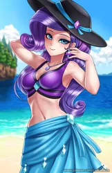 Size: 750x1160 | Tagged: safe, artist:racoonsan, derpibooru import, rarity, human, equestria girls, equestria girls series, forgotten friendship, arm behind head, armpits, beach, beach babe, beautiful, belly button, breasts, clothes, cloud, ear piercing, earring, female, geode of shielding, hat, humanized, jewelry, looking at you, magical geodes, midriff, nail polish, necklace, piercing, sarong, sexy, sky, smiling, solo, stupid sexy rarity, sun hat, swimsuit, water