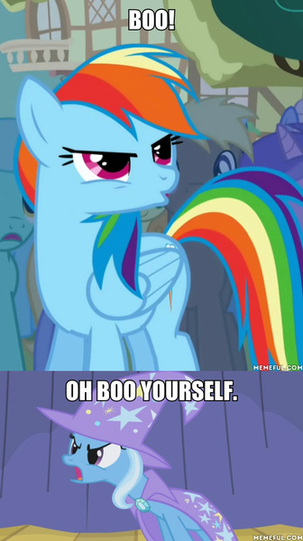 Size: 600x1072 | Tagged: boast busters, caption, cropped, derpibooru import, edit, edited screencap, image macro, meme, rainbow dash, safe, screencap, text, the simpsons, trixie, trixie yells at everything