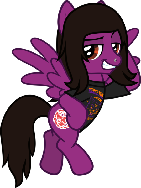 Size: 1028x1370 | Tagged: safe, artist:lightningbolt, derpibooru import, ponified, pegasus, pony, .svg available, clothes, dreamworks face, flying, grin, hair over one eye, hoof on hip, looking at you, male, nose piercing, pierce the veil, piercing, raised eyebrow, shirt, simple background, smiling, smug, solo, spread wings, stallion, svg, t-shirt, transparent background, vector, vic fuentes, wings