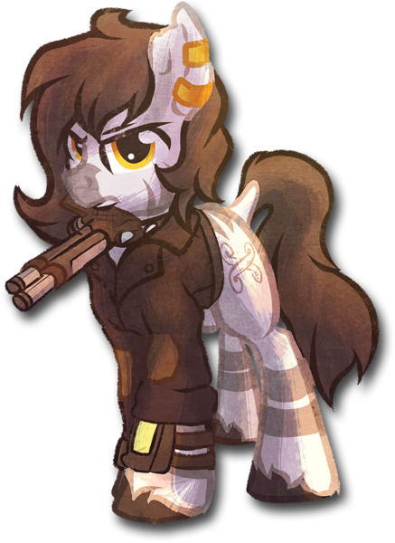 Size: 655x900 | Tagged: artist:amura-of-jupiter, clothes, derpibooru import, dock, ear piercing, earring, fallout equestria, fallout equestria: dead end, female, gun, handgun, jacket, jewelry, mouth hold, oc, oc:phisa, piercing, pipbuck, pistol, safe, simple background, solo, stripes, torn ear, transparent background, unofficial characters only, weapon, yellow eyes, zebra