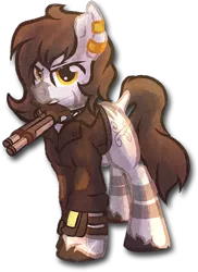 Size: 655x900 | Tagged: artist:amura-of-jupiter, clothes, derpibooru import, dock, ear piercing, earring, fallout equestria, fallout equestria: dead end, female, gun, handgun, jacket, jewelry, mouth hold, oc, oc:phisa, piercing, pipbuck, pistol, safe, simple background, solo, stripes, torn ear, transparent background, unofficial characters only, weapon, yellow eyes, zebra