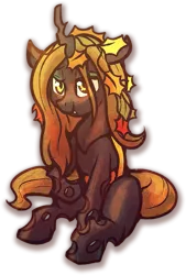 Size: 541x800 | Tagged: artist:amura-of-jupiter, changeling, changeling oc, changeling queen, changeling queen oc, derpibooru import, female, oc, oc:deciduous, safe, simple background, sitting, solo, transparent background, unofficial characters only, yellow changeling