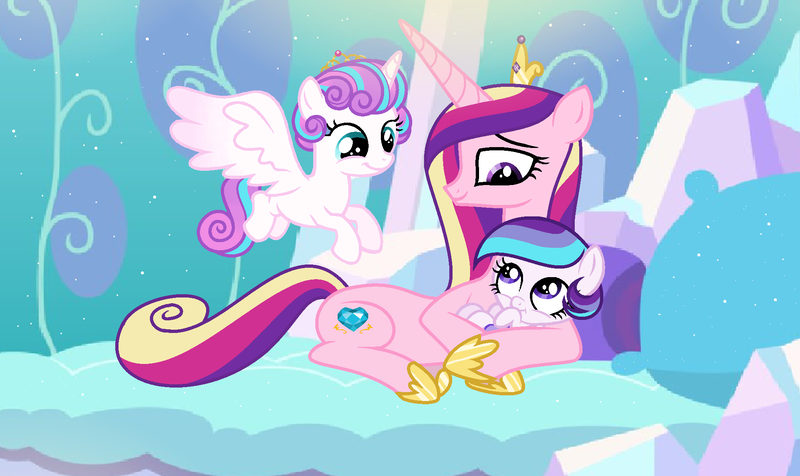 Size: 1964x1168 | Tagged: safe, artist:nocturna76, derpibooru import, princess cadance, princess flurry heart, oc, oc:amora, pony, baby, baby pony, female, filly, offspring, older, parent:princess cadance, parent:shining armor, parents:shiningcadance