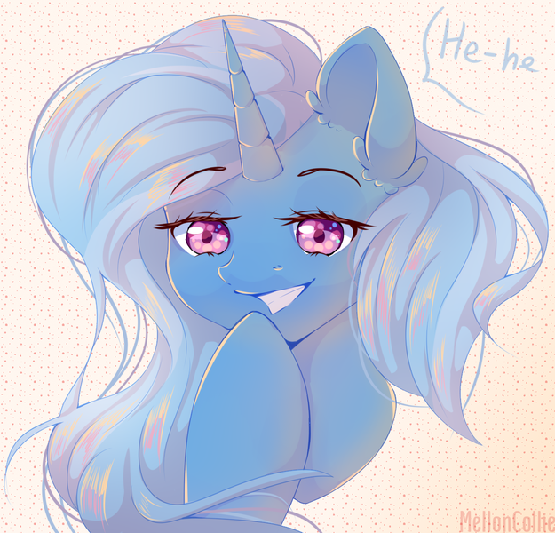 Size: 1250x1200 | Tagged: safe, artist:melloncollie-chan, derpibooru import, trixie, pony, unicorn, bust, covering mouth, dialogue, female, laughing, looking at you, mare, portrait, smiling, solo, speech bubble