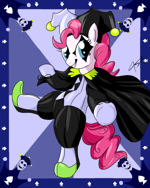 Size: 1000x1250 | Tagged: safe, artist:asajiopie01, derpibooru import, pinkie pie, pony, spoiler:deltarune, clothes, cosplay, costume, deltarune, female, jester, jester pie, jevil, solo, standing, standing on one leg