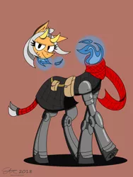 Size: 1920x2560 | Tagged: safe, artist:derpanater, derpibooru import, oc, oc:cold iron, oc:vibraphone echo, unofficial characters only, bicorn, dullahan, monster pony, pony, undead, fallout equestria, fallout equestria: dance of the orthrus, blue fire, brown background, clothes, commission, disembodied head, fanfic art, gambeson, headless, horn, modular, monster mare, multiple horns, orange background, plate armor, scarf, simple background, solo, tail wrap