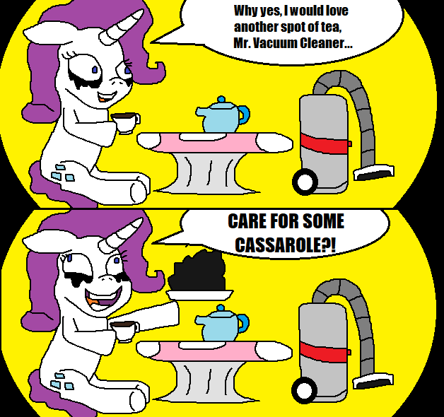 Size: 628x590 | Tagged: safe, artist:logan jones, derpibooru import, rarity, pony, unicorn, burnt, casserole, cup, female, food, insanity, makeup, mare, mascarity, messy mane, misspelling, mushroom table, rarisnap, running makeup, solo, speech bubble, spongebob squarepants, squid's visit, tea, teacup, teapot, vacuum cleaner, wat