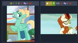 Size: 773x431 | Tagged: safe, derpibooru import, autumn blaze, zephyr breeze, kirin, pegasus, pony, derpibooru, flutter brutter, sounds of silence, female, juxtaposition, male, meta, stallion, wings