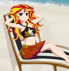 Size: 7080x7309 | Tagged: safe, artist:anonix123, derpibooru import, sunset shimmer, equestria girls, equestria girls series, absurd resolution, armpits, beach, beach babe, belly button, clothes, fainting couch, female, human coloration, looking at you, ocean, sand, solo, stupid sexy sunset shimmer, swimsuit