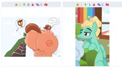 Size: 983x551 | Tagged: suggestive, artist:taurson, derpibooru import, edit, edited screencap, screencap, zephyr breeze, oc, oc:bagel, oc:coffee, unofficial characters only, pony, derpibooru, flutter brutter, commission, dialogue, dock, fat, female, giant pony, juxtaposition, macro, male, meta, morbidly obese, obese, smiling, speech bubble, stallion, the ass was fat