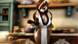 Size: 1920x1080 | Tagged: 3d, absolute cleavage, anthro, apron, artist:maxressor, bag, bagel, banana, beverage, big breasts, book, bread, breasts, cleavage, clothes, derpibooru import, donut, female, food, kitchen, mare, oc, pegasus, smiling, solo, solo female, source filmmaker, suggestive, unofficial characters only