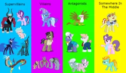 Size: 1200x700 | Tagged: safe, artist:purplewonderpower, derpibooru import, cozy glow, diamond tiara, discord, doctor caballeron, flam, flim, gilda, gladmane, lightning dust, lord tirek, nightmare moon, queen chrysalis, rover, silver spoon, starlight glimmer, suri polomare, svengallop, trixie, alicorn, centaur, changeling, changeling queen, diamond dog, draconequus, earth pony, gryphon, pegasus, pony, unicorn, school raze, antagonist, bowtie, cape, clothes, cloven hooves, ethereal mane, eyestrain warning, female, filly, flim flam brothers, foal, glowing eyes, hat, male, mare, needs more saturation, shirt, simple background, spread wings, stallion, starry mane, suit, wings, wizard hat