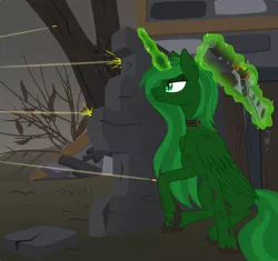 Size: 3099x2910 | Tagged: safe, artist:grypher, derpibooru import, oc, oc:starwing, alicorn, pony, fallout equestria, fanfic, artificial alicorn, choker, collar, commission, dirty, energy weapon, fanfic art, female, finished commission, glowing horn, green alicorn (fo:e), gun, hooves, horn, laser rifle, levitation, magic, magical energy weapon, mare, mud, muddy, rifle, rubble, ruins, sitting, slit eyes, solo, telekinesis, vector, wasteland, weapon, wings