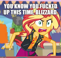 Size: 520x500 | Tagged: safe, derpibooru import, edit, edited screencap, screencap, golden hazel, sandalwood, sci-twi, sunset shimmer, twilight sparkle, equestria girls, equestria girls series, rollercoaster of friendship, angry, bandage, caption, cropped, diablo immortal, geode of empathy, image macro, impact font, it's not about the parakeet, magical geodes, meme, messy hair, offscreen character, rage, rageset shimmer, shitposting, text, vulgar