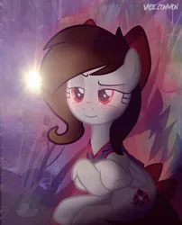 Size: 3016x3733 | Tagged: safe, artist:vice common, color edit, derpibooru import, edit, oc, oc:whisper hope, unofficial characters only, pegasus, pony, abstract background, colored, crossed hooves, female, lens flare, logo, looking away, mare, red eyes, shading, solo