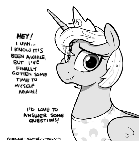 Size: 759x772 | Tagged: safe, artist:selenophile, derpibooru import, princess luna, alicorn, pony, alternate hair color, alternate hairstyle, black and white, dialogue, female, grayscale, looking at you, mare, monochrome, moonlight inquiries, short mane, solo, text, white hair