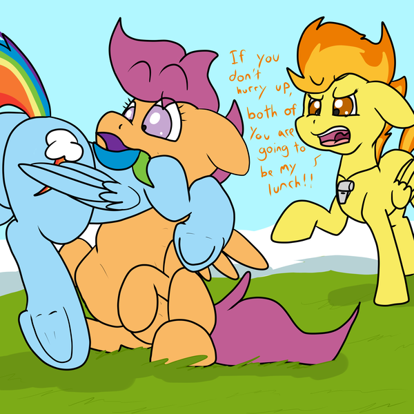 Size: 3000x3000 | Tagged: artist:undercoverpone, derpibooru import, dialogue, drill sergeant, fetish, non-fatal vore, preydash, questionable, rainbow dash, scootaloo, scootapred, soft vore, spitfire, swallowing, vore, whistle, whistle necklace