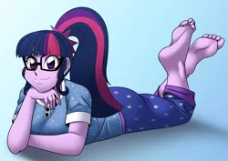 Size: 1280x905 | Tagged: safe, artist:cyborg-steve, derpibooru import, sci-twi, twilight sparkle, equestria girls, barefoot, big feet, blushing, clothes, commission, cute, feet, female, glasses, hand on chin, looking at you, pajamas, pants, ponytail, sleepwear, smiling, soles, solo, toes, twiabetes, wiggling toes