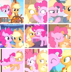 Size: 740x752 | Tagged: applejack, applepie, best gift ever, boop, collage, cropped, cute, derpibooru import, duo, editor:lisaloudleijon, face grab, female, hearthbreakers, lesbian, moodboard, noseboop, pinkie apple pie, pinkie pie, ppov, safe, scare master, screencap, shipping