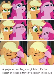 Size: 535x740 | Tagged: applejack, applepie, cropped, derpibooru import, edit, edited screencap, editor:lisaloudleijon, female, floppy ears, lesbian, my little pony: the movie, pinkie cry, pinkie pie, sad, safe, screencap, shipping, teary eyes