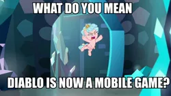 Size: 960x540 | Tagged: safe, derpibooru import, edit, edited screencap, screencap, cozy glow, pegasus, pony, school raze, caption, diablo, diablo immortal, doorway, female, filly, image macro, meme, solo, text