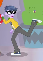 Size: 402x558 | Tagged: safe, derpibooru import, screencap, heath burns, microchips, a fine line, equestria girls, equestria girls series, clothes, converse, cropped, glasses, leg in air, male, pants, shoes, smiling, sneakers, solo focus