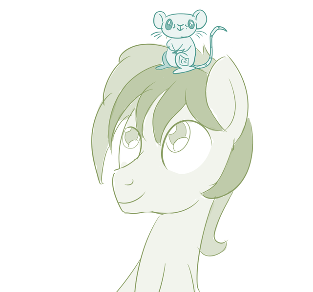 Size: 855x800 | Tagged: safe, artist:sintakhra, derpibooru import, ocellus, sandbar, changedling, changeling, earth pony, mouse, pony, tumblr:studentsix, cute, disguise, disguised changeling, lineart, looking at you, looking up, post-it, simple background, sitting on head, smiling, tumblr