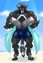 Size: 1900x2800 | Tagged: anthro, artist:blues64, artist:marauder6272, barbell, beach, changeling, changeling behemoth, changeling oc, clothes, commission, crotch bulge, derpibooru import, dumbbell (object), looking at you, male, muscles, oc, ocean, oc:ebonheart, property damage, sand, shorts, solo, solo male, suggestive, unguligrade anthro