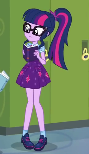 Size: 286x492 | Tagged: safe, derpibooru import, screencap, sci-twi, twilight sparkle, best trends forever, equestria girls, equestria girls series, best trends forever: twilight sparkle, book, canterlot high, clothes, cropped, female, glasses, legs, lockers, ponytail, shoes, skirt, solo