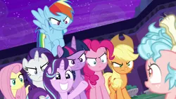 Size: 1280x720 | Tagged: safe, derpibooru import, edit, edited screencap, screencap, applejack, cozy glow, fluttershy, pinkie pie, rainbow dash, rarity, starlight glimmer, twilight sparkle, twilight sparkle (alicorn), alicorn, earth pony, pegasus, pony, unicorn, no second prances, school raze, angry, cute, female, filly, freckles, glare, glimmerbetes, happy, looking at each other, mare, one hoof raised, raised hoof, smiling