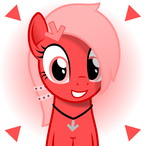 Size: 1500x1512 | Tagged: safe, artist:arifproject, derpibooru import, oc, oc:downvote, ponified, unofficial characters only, pony, derpibooru, arrow, cute, derpibooru ponified, hairband, jewelry, looking at you, meta, necklace, pointing, simple background, smiling, solo, transparent background, vector