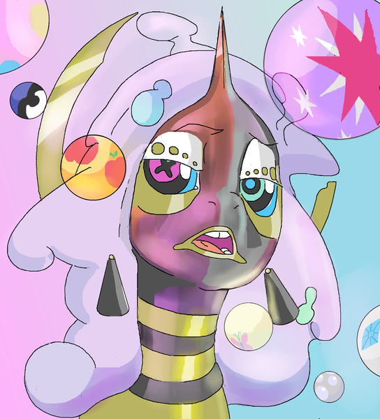 Size: 2024x2232 | Tagged: artist:ponyhiall, bubble, choker, cutie mark, derpibooru import, ear piercing, earring, eyeshadow, flowing mane, horn, jewelry, makeup, oc, piercing, safe, wobbly pi