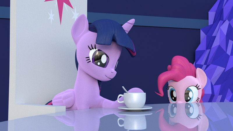 Size: 1920x1080 | Tagged: safe, artist:marcelexe, derpibooru import, pinkie pie, twilight sparkle, twilight sparkle (alicorn), alicorn, earth pony, pony, 3d, blender, coffee, cutie map, friendship throne, pinkie found the coffee, reflection, smiling, soon, xk-class end-of-the-world scenario