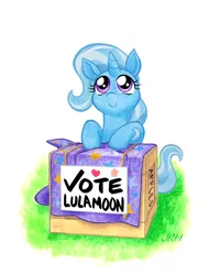 Size: 900x1125 | Tagged: safe, alternate version, artist:texasuberalles, derpibooru import, trixie, pony, unicorn, box, c:, cute, diatrixes, female, hat, leaning, looking up, mare, simple background, sitting, smiling, solo, traditional art, vote, watercolor painting, white background