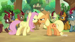 Size: 1920x1080 | Tagged: safe, derpibooru import, screencap, applejack, autumn afternoon, cinder glow, fern flare, fluttershy, maple brown, pumpkin smoke, sparkling brook, spring glow, summer flare, winter flame, earth pony, kirin, pegasus, pony, sounds of silence, angry, background kirin, discovery family logo, duo, female, fight, kirin village, looking at each other, male, mare, raised hoof