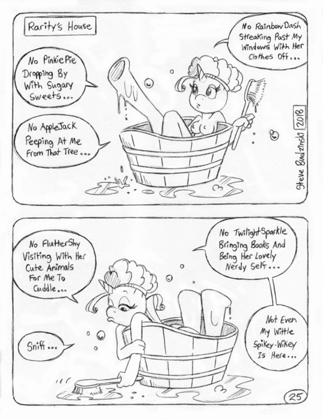 Size: 849x1100 | Tagged: anthro, artist:circe, bath, bath brush, bathtub, black and white, breasts, comic:soreloser, derpibooru import, grayscale, hat, monochrome, nipples, nudity, questionable, rarity, shower cap, traditional art, unguligrade anthro