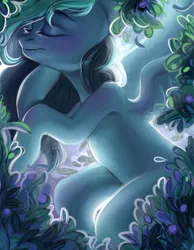 Size: 3500x4500 | Tagged: safe, artist:baid-woo, derpibooru import, oc, oc:liz, unofficial characters only, pegasus, pony, eyes closed, female, flower, foliage, hooves, long mane, looking away, looking down, lying down, mare, smiling, solo, sunlight, two toned mane, wings