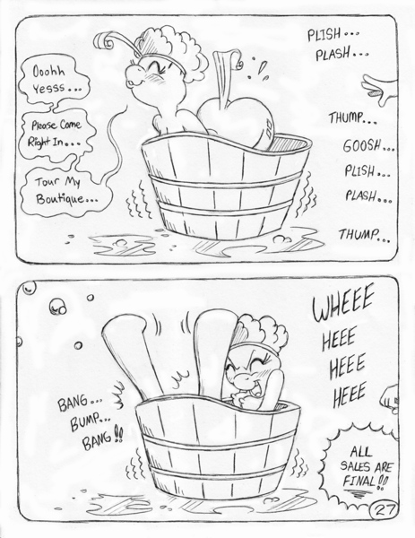 Size: 849x1100 | Tagged: anthro, artist:circe, bath, bathing, bathtub, black and white, blushing, breasts, butt, comic:soreloser, derpibooru import, grayscale, hat, implied masturbation, lineart, monochrome, nipples, nudity, questionable, rarity, rearity, scooby doo, shower cap, traditional art, unguligrade anthro