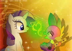 Size: 1000x704 | Tagged: safe, artist:lennonblack, derpibooru import, rarity, spike, dragon, pony, unicorn, best gift ever, blushing, female, fire, flame heart, guitar, heart, male, mare, musical instrument, playing guitar, shipping, singing, song, sparity, straight, winged spike