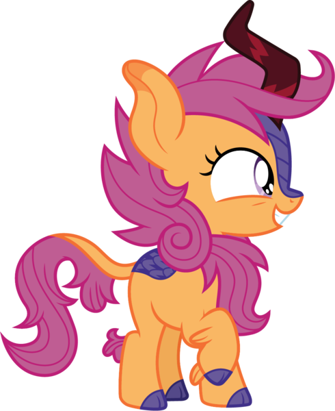 Size: 980x1200 | Tagged: safe, artist:cloudyglow, derpibooru import, scootaloo, kirin, sounds of silence, cloven hooves, colored hooves, cute, cutealoo, female, filly, foal, grin, kirinbetes, kirinified, one hoof raised, raised hoof, simple background, smiling, solo, species swap, standing, transparent background